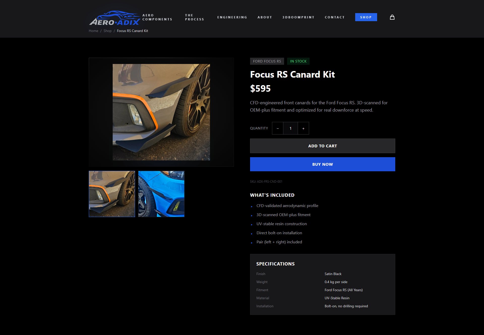 Focus RS Canard Kit product detail — multi-image gallery, specs table, package breakdown