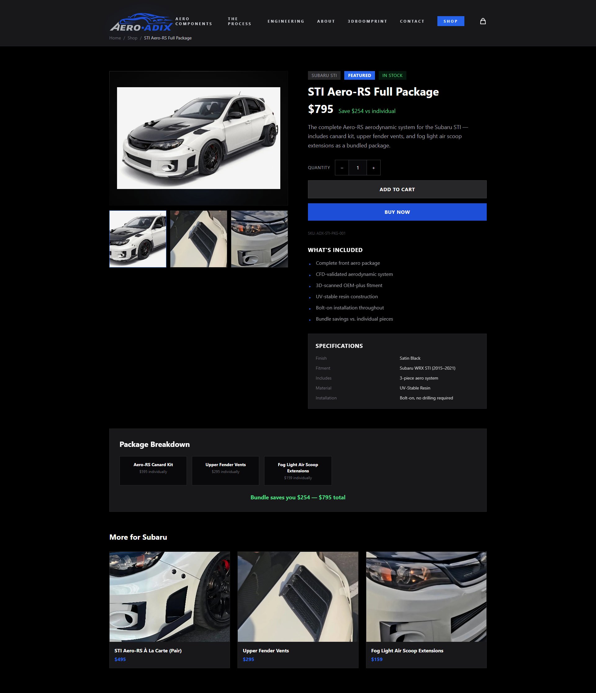 STI Aero-RS Full Package product page — complete aerodynamic system with bundle savings, package breakdown, and related products