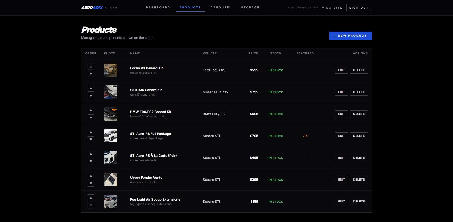 Admin products manager — full list with reorder controls, edit, delete, and featured toggles